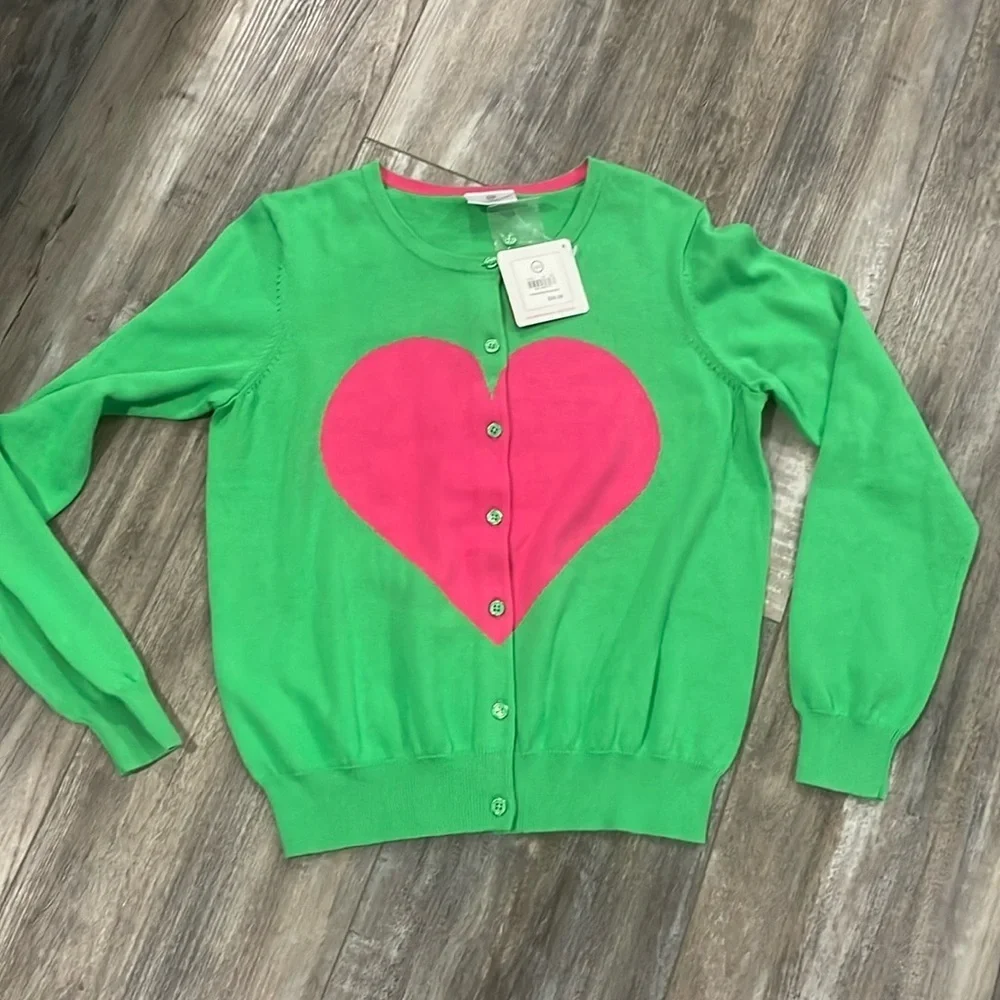 Hanna Andersson Green & Pink Valentine’s Heart Cardigan Cotton Button Up NEW